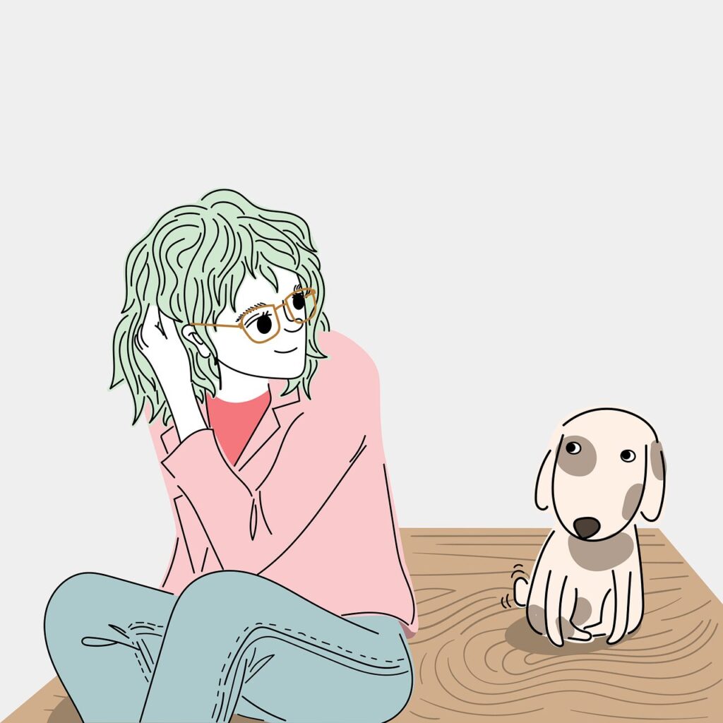 女性と犬の正方形イラスト