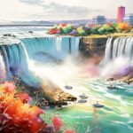 いくつもの川が流れ込む西洋の風景のイラスト