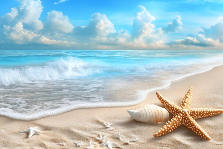 波打ち際の浜辺と貝のイラスト