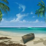 青い海と砂浜に置いてあるカヌーの絵
