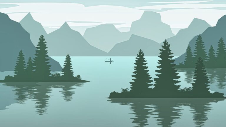 湖に浮かぶ小さな船と湖を囲む山の閑静なイラスト